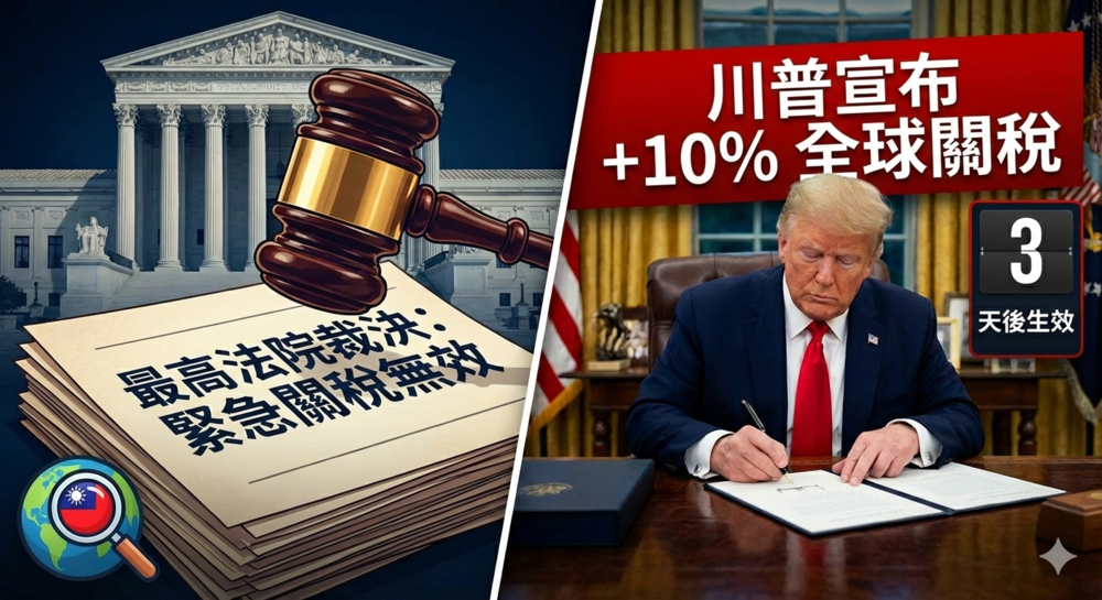 美國最高法院裁定緊急關稅逾權　行政院密切關注美方動向、強調維護國家與產業最大利益，川普宣布加碼10%關稅並將於3天後生效