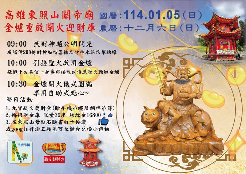 東照山1/5開金爐點火迎財庫　點燈安斗好禮多重送、抽iPhone 16