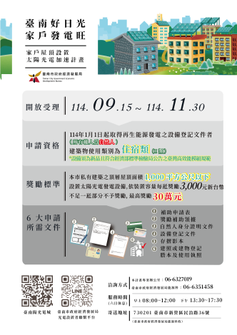 臺南市「家戶屋頂設置太陽光電加速計畫」補助經費仍充裕，市民快來踴躍申請節能收益！